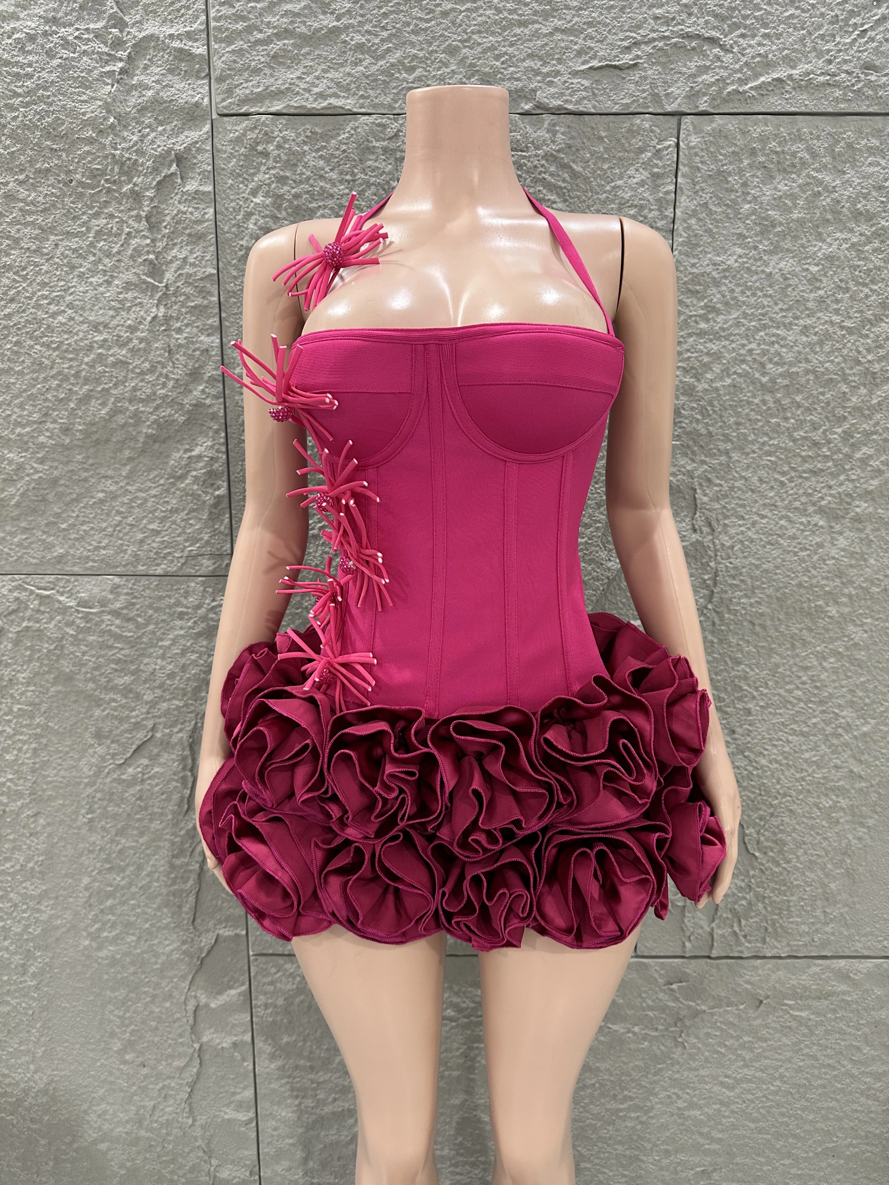 White Red Rose Color Women Sexy Strapless Full Florla Bodycon Mini Bandage Dress 2 Pieces Set Celebrate Nightclub Party Birthday