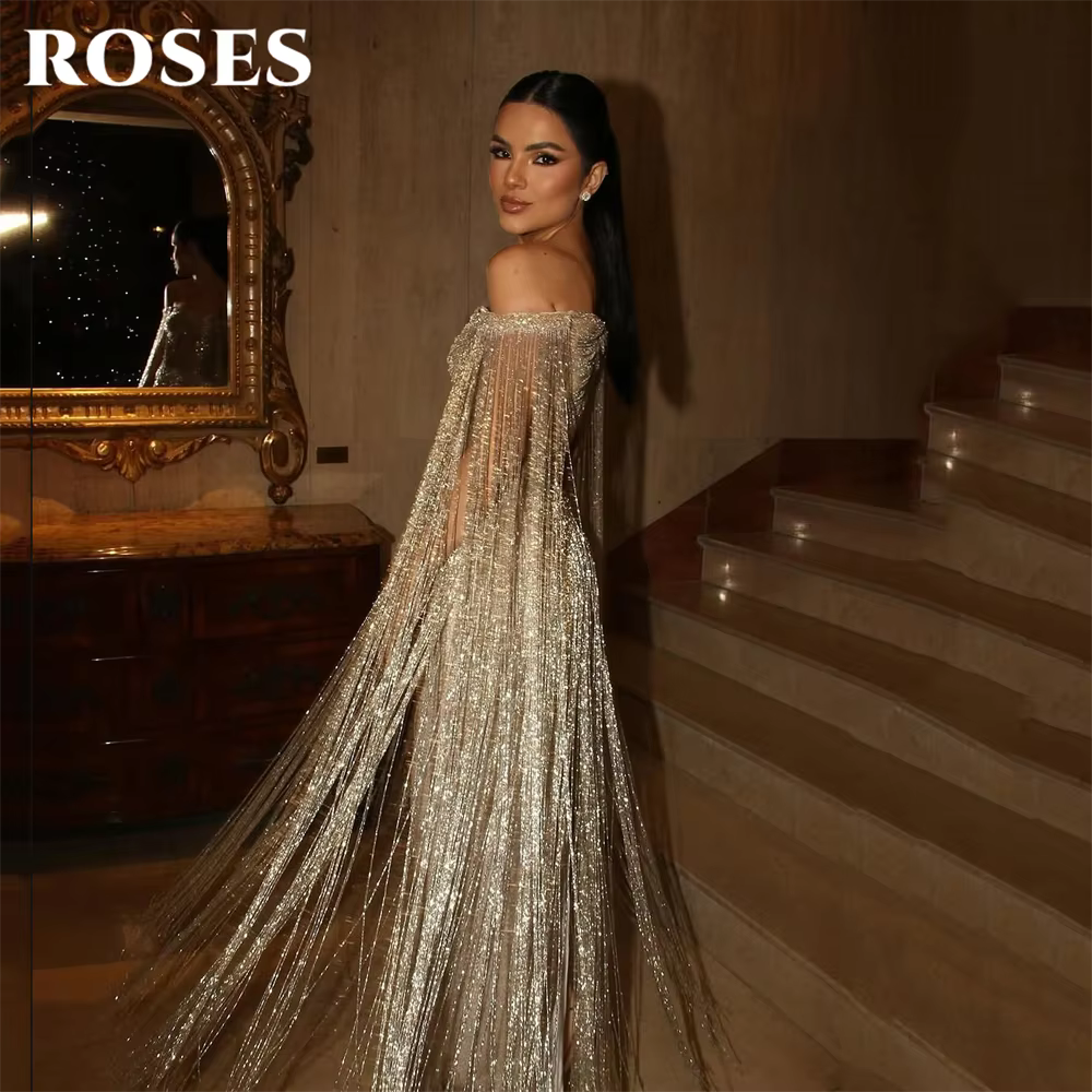 ROSES Gold Luxury Evening Dress Off Shoulder Tassel Party Dresses Cape Sleeve Prom Gown Shiny Mermaid robes du soir Customized