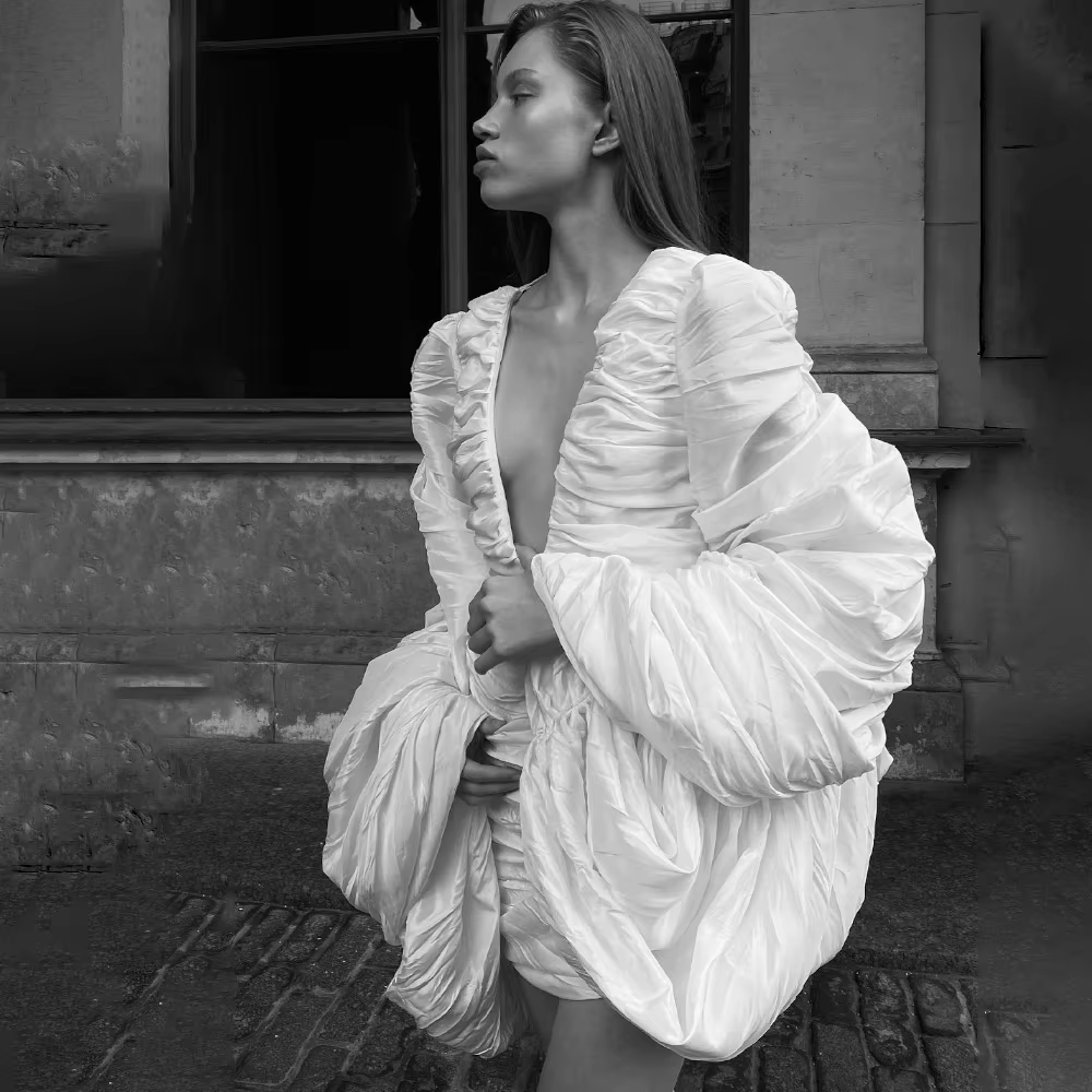 LSYX Customized White Deep V Neck Ruched Dress Exaggerated Puff Sleeve Backless Party Outfit Fashion Event Attire  Gala Outfit
