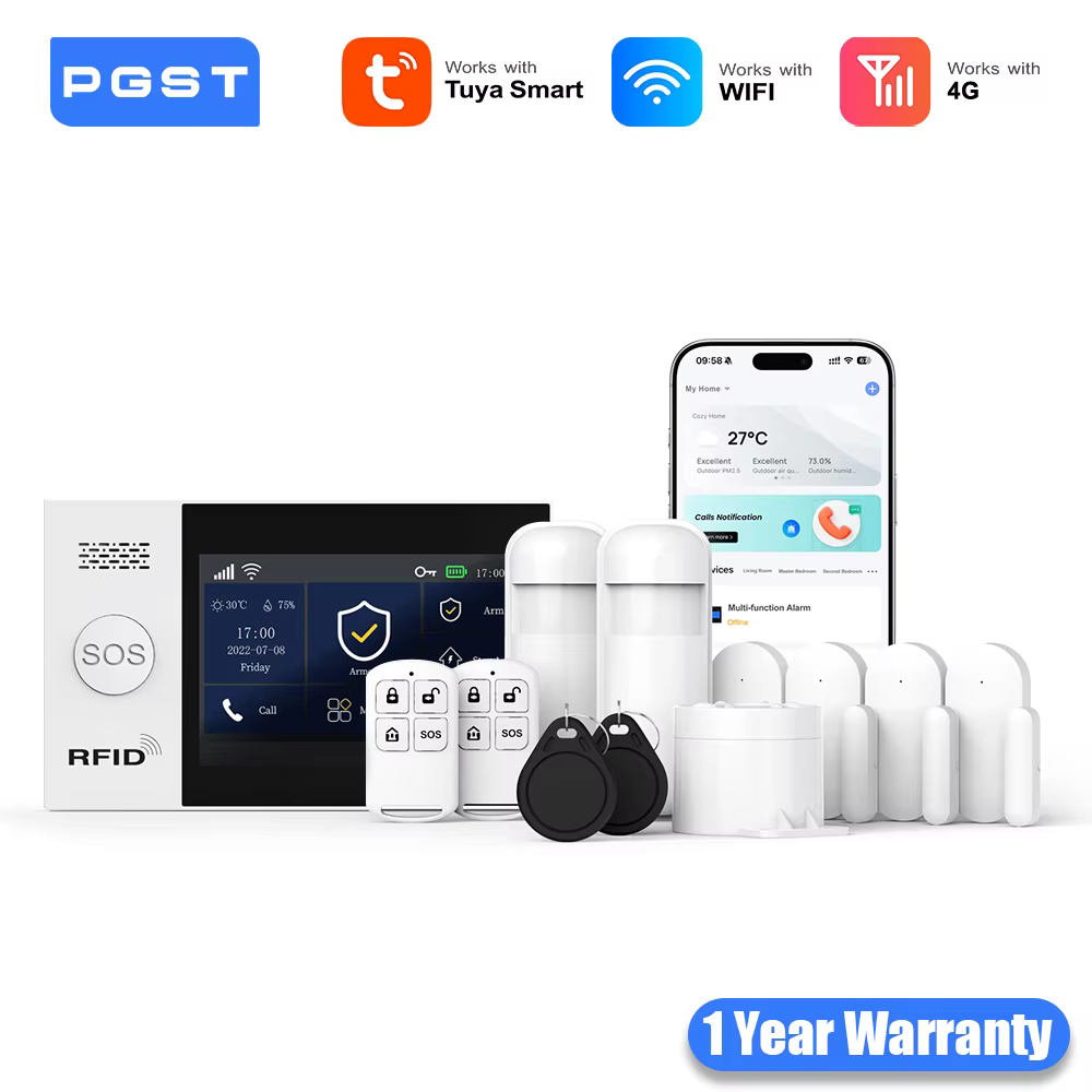 PGST WiFi 4G Tuya Smart Life Home Alarm Security System Kit Alexa Home Automation Alarm Security Protection Door Motion Sensor