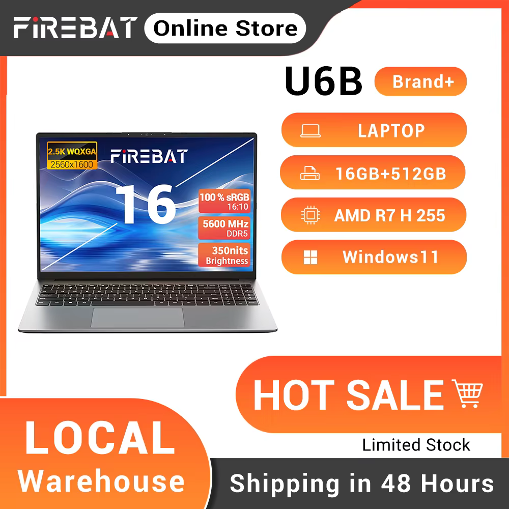 FIREBAT U6B Laptop AMD Ryzen7 H 255 DDR5 16GB RAM M.2 PCIe 512GB SSD 16Inch 2.5K 120Hz Screen WiFi6 BT5.2 Windows11 Computer