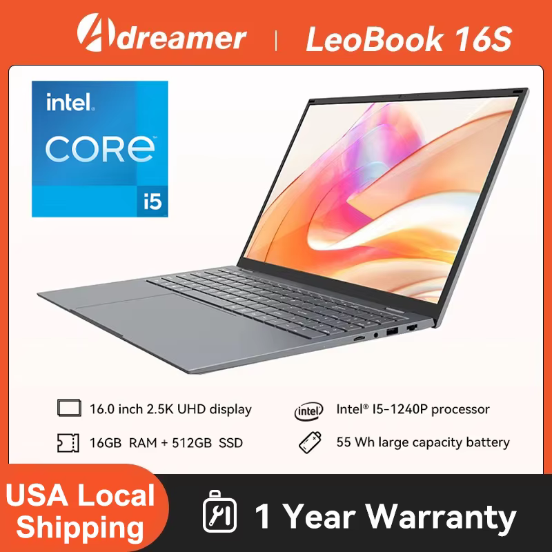 16 Inch Laptop with Intel Core i5 1240P 2.5K IPS Display Windows 11 Notebook Portable Adreamer Laptop 16GB RAM 1TB ROM SSD